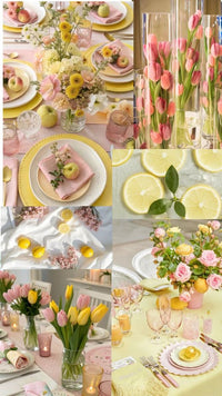 Sunset & Canvas Paint & Sip - Pink and yellow tablescape with tulips, lemons, and floral centerpieces