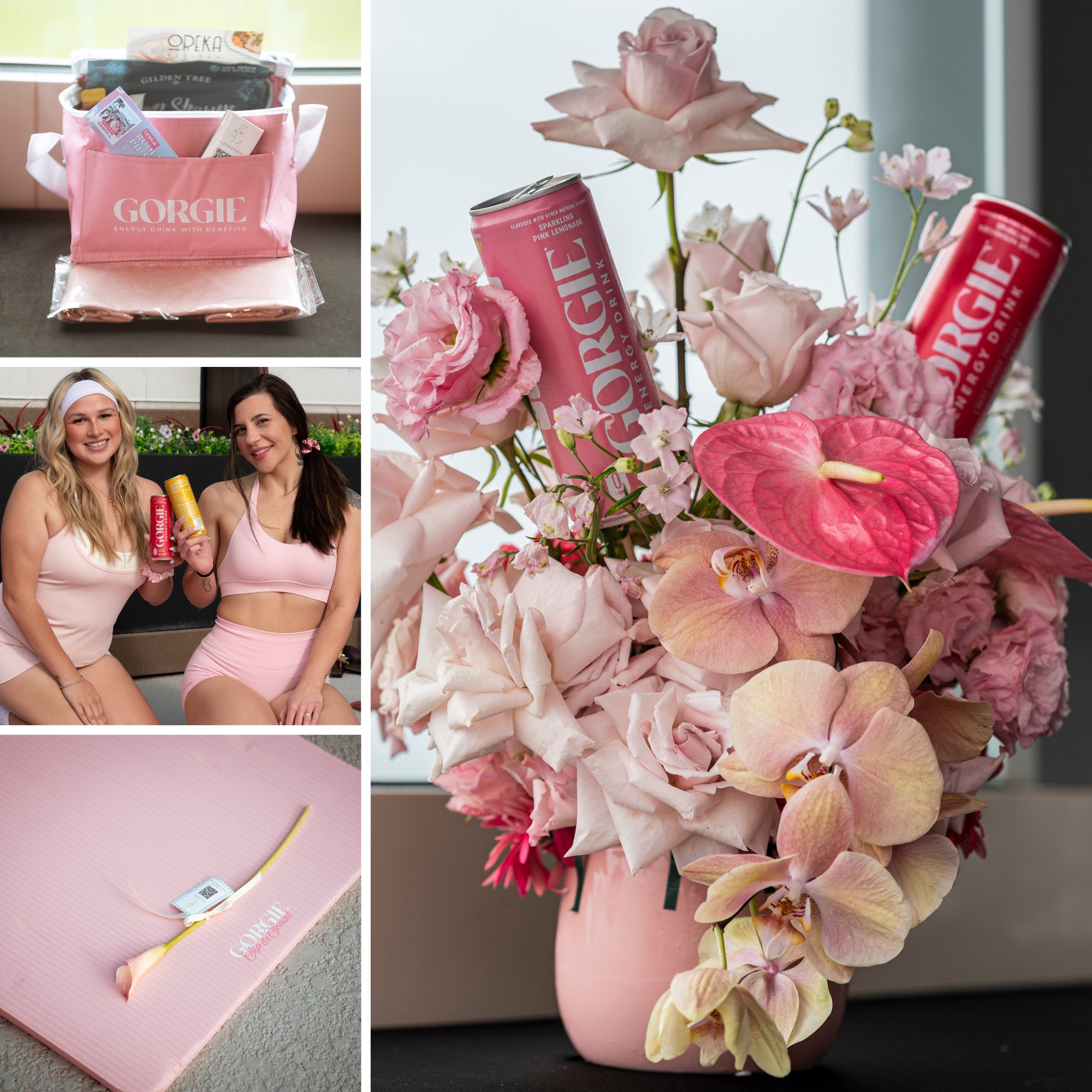 Gorgie Energy Drink branded goodie bag, guests in pink activewear, a custom yoga mat and floral arrangement