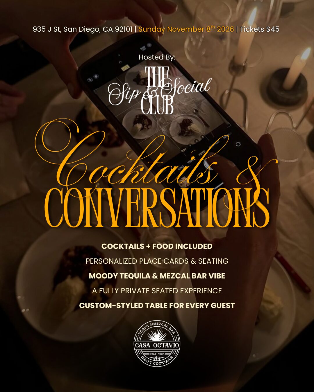 Cocktails and Conversations flyer: an intimate seated dinner at Casa Octavio