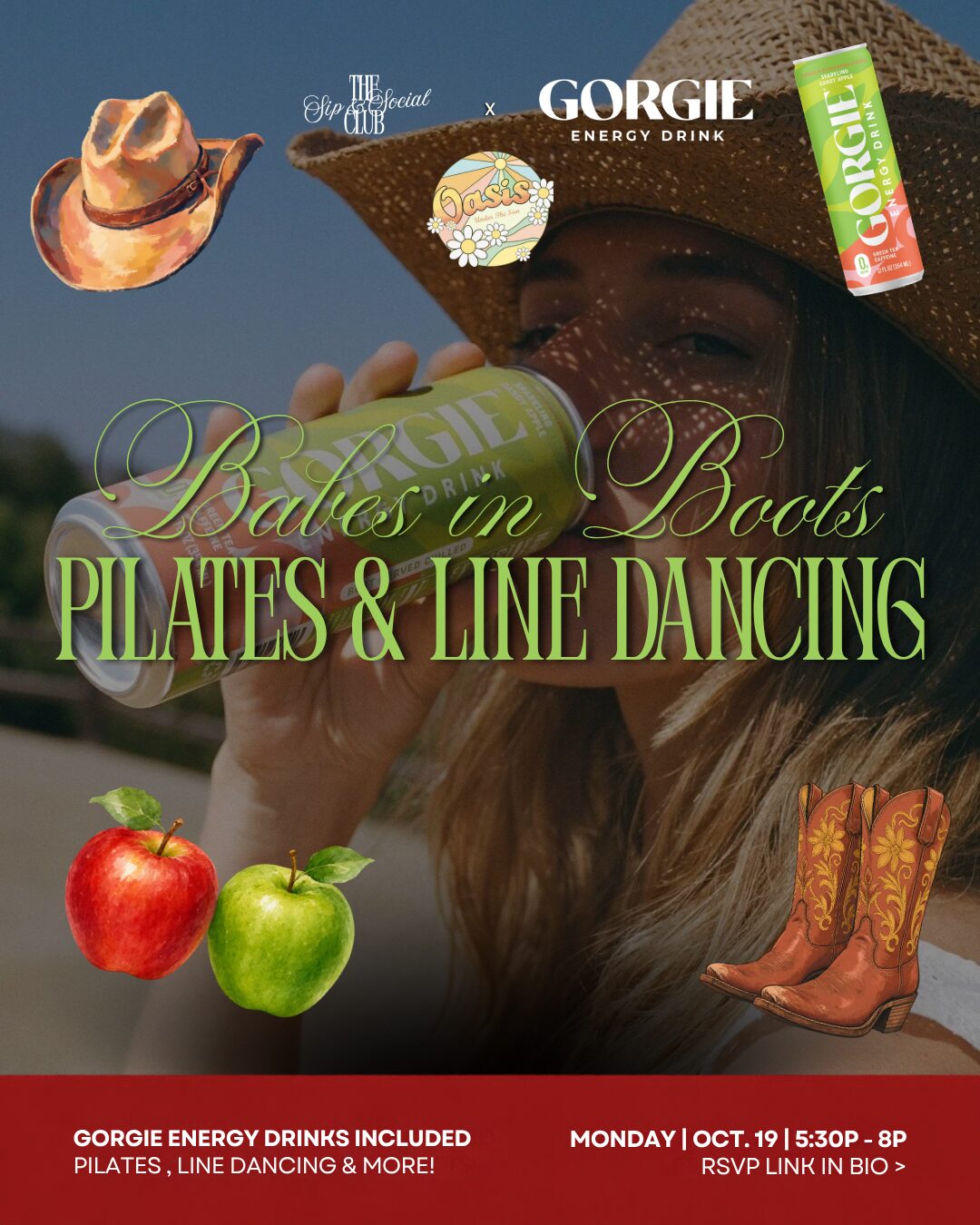 Babes in Boots flyer: pilates and line dancing with GORGIE energy drinks